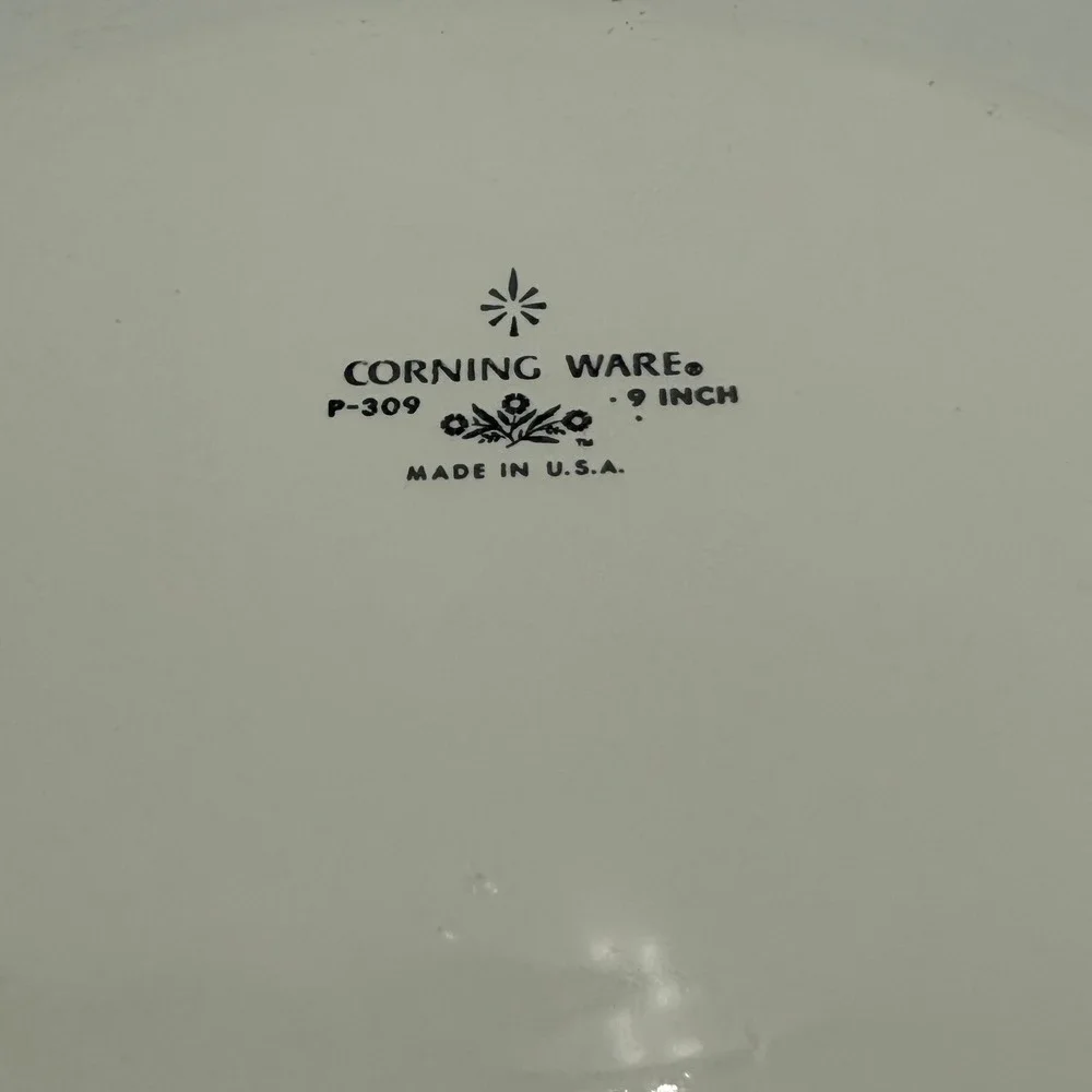 Vintage Corning Ware Blue Cornflower 9 Inch Pie Plate P-309 White Pyroceram USA